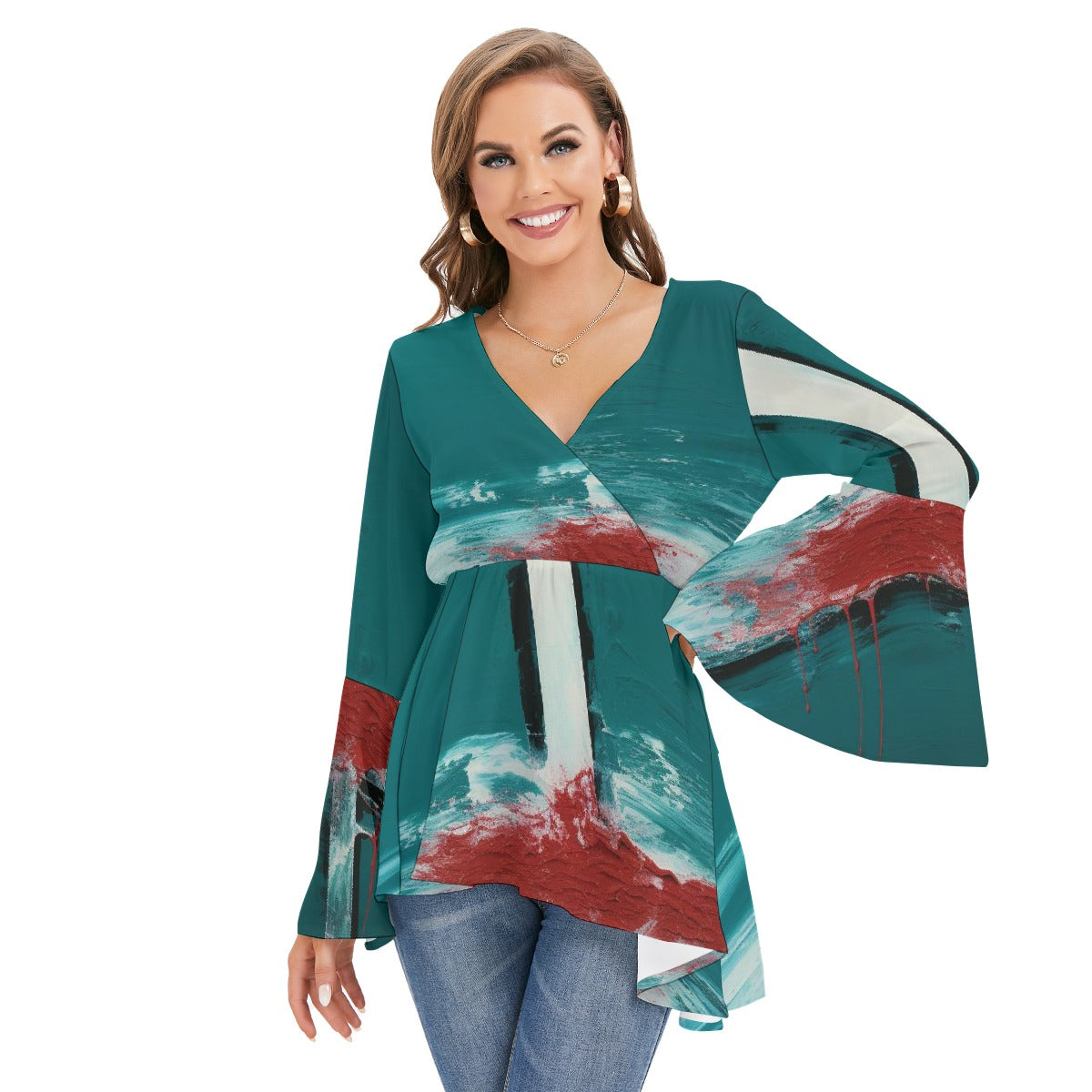 All-Over Print Women's V-neck Blouse With Flared Sleeves