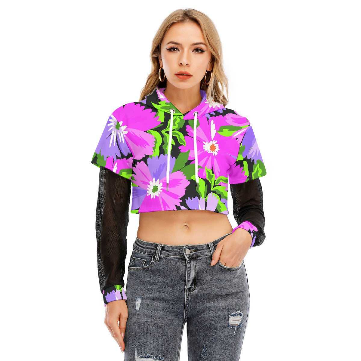 All-Over Print Women's Fake Two-piece Mesh Sleeve Cropped Hoodie