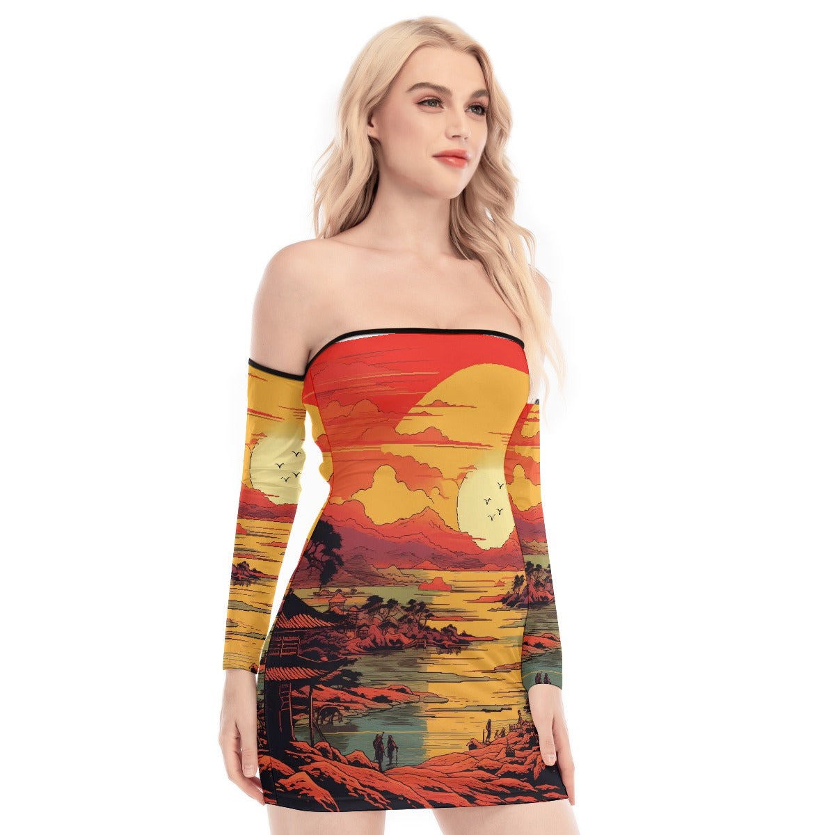 All-Over Print Women's Off-shoulder Back Lace-up Dress