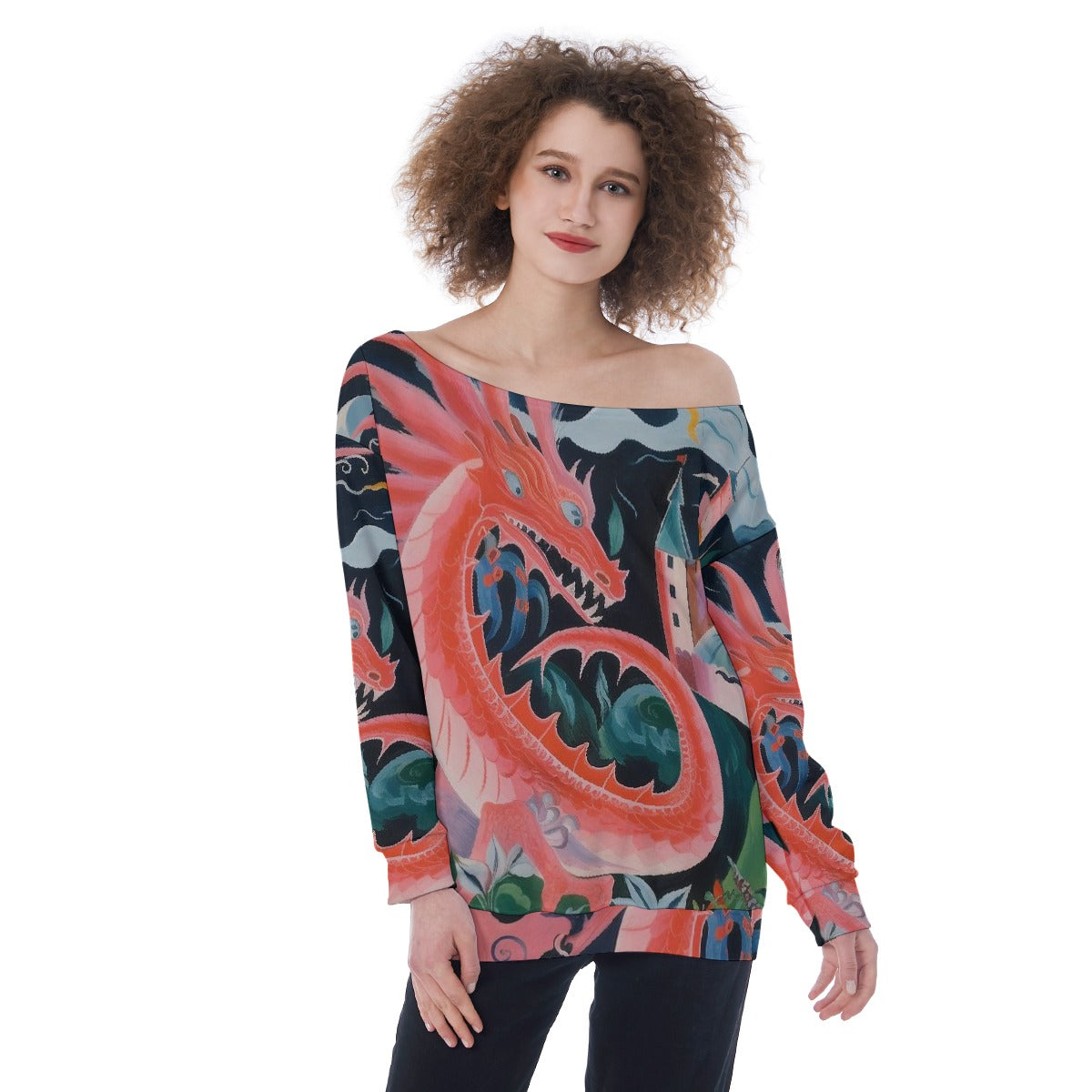 All-Over Print Oversized Women's Off-Shoulder Sweatshirt