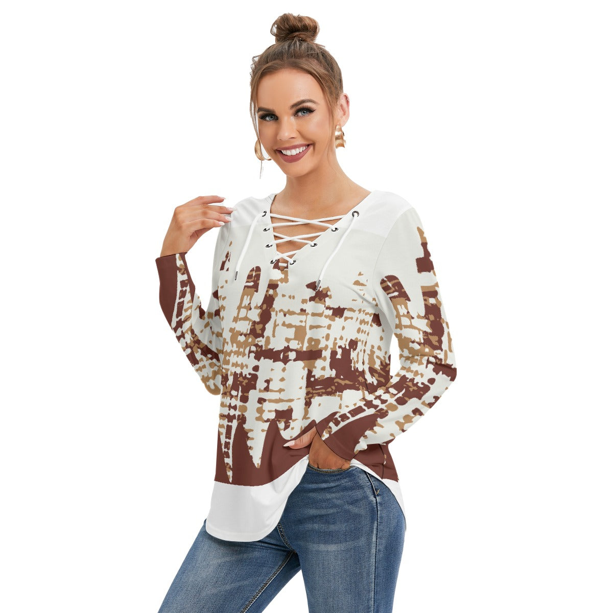 All-Over Print Women's Long Sleeve Neckline Tie Sweatshirt