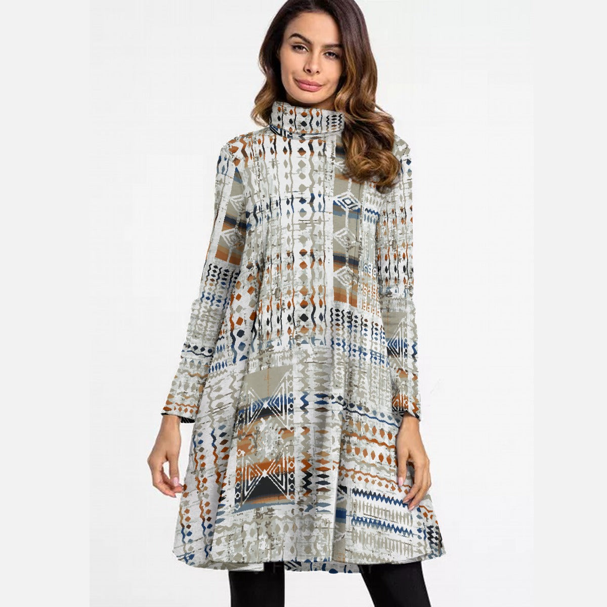 All-Over Print Women's High Neck Dress With Long Sleeve
