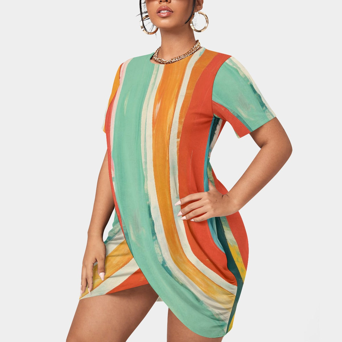 All-Over Print Women’s Stacked Hem Dress With Short Sleeve（Plus Size）