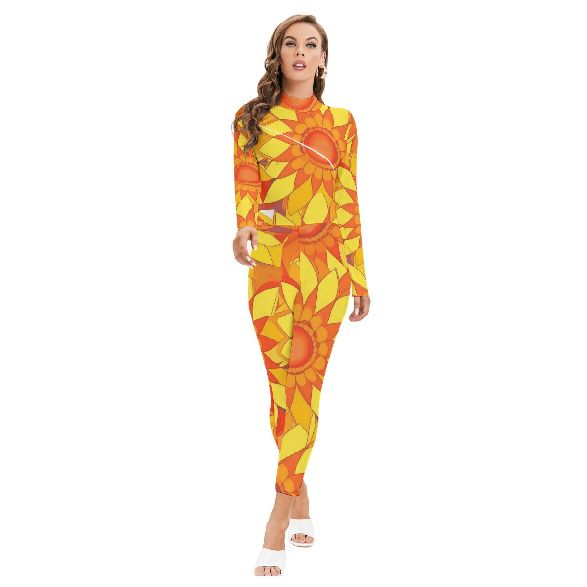 All-Over Print Women's Long-sleeved High-neck Jumpsuit With Zipper