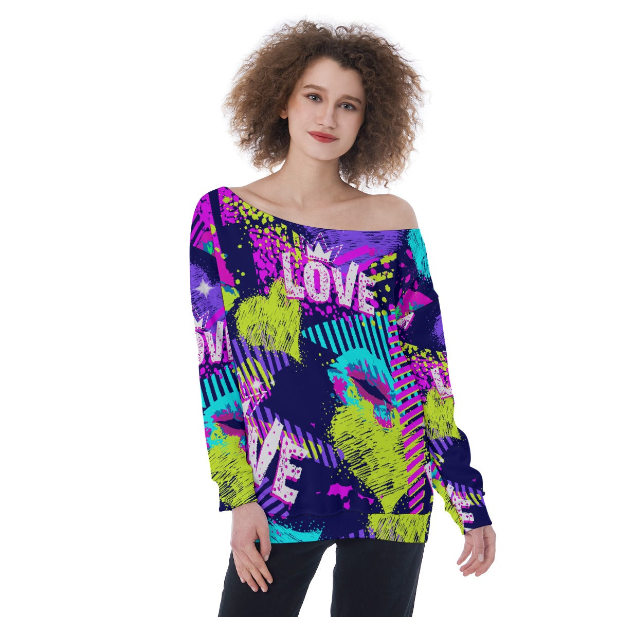 All-Over Print Oversized Women's Off-Shoulder Sweatshirt