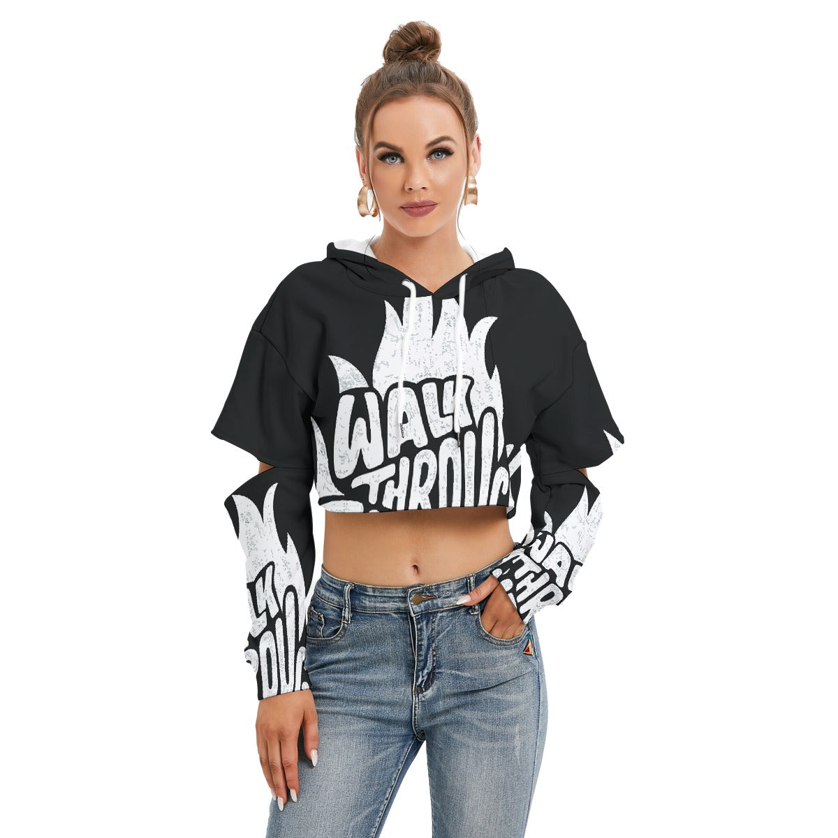 All-Over Print Women's Heavy Fleece Hoodie With Hollow Out Sleeve