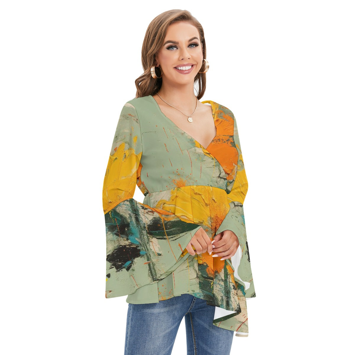 All-Over Print Women's V-neck Blouse With Flared Sleeves