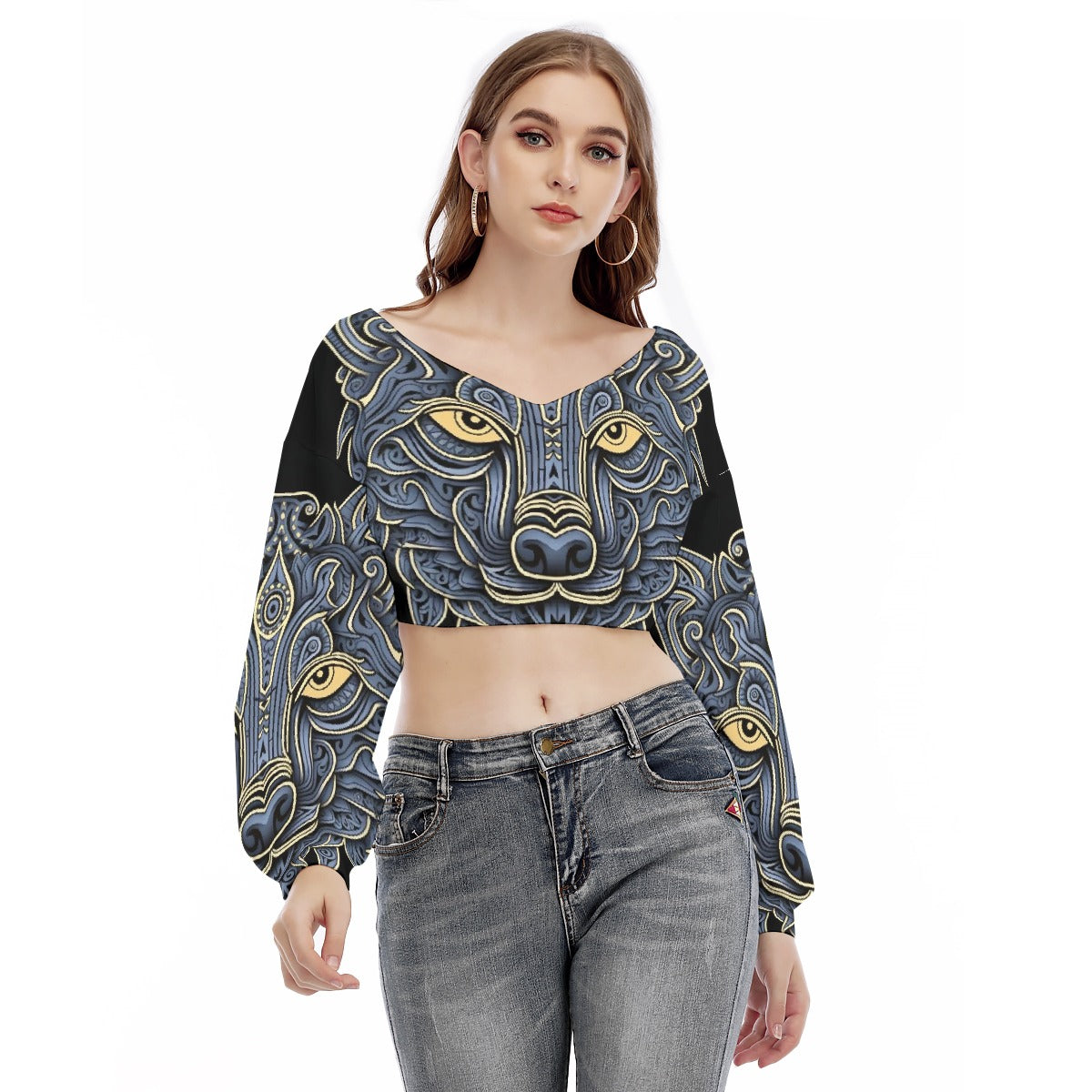 All-Over Print Women's V-neck Long Sleeve Cropped Sweatshirt