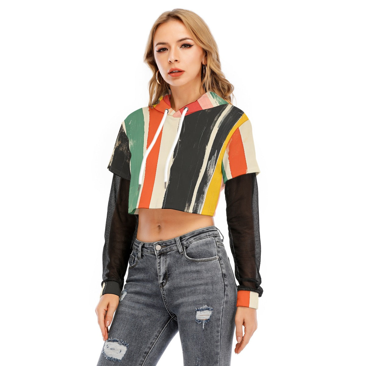 All-Over Print Women's Fake Two-piece Mesh Sleeve Cropped Hoodie