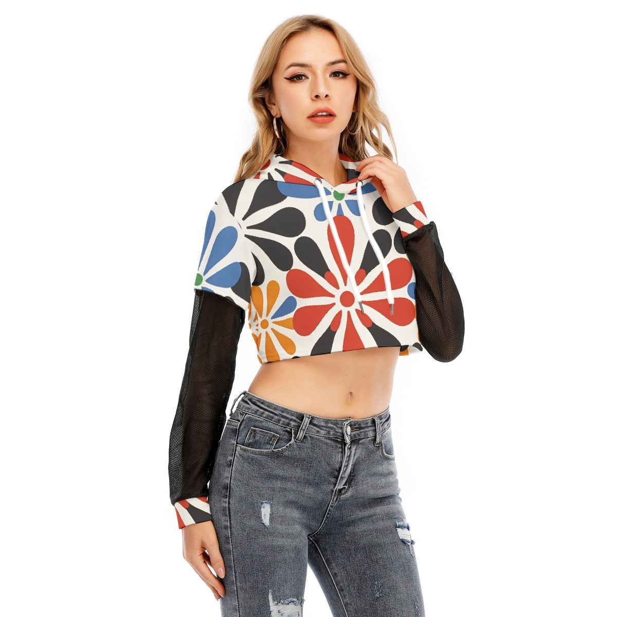 All-Over Print Women's Fake Two-piece Mesh Sleeve Cropped Hoodie