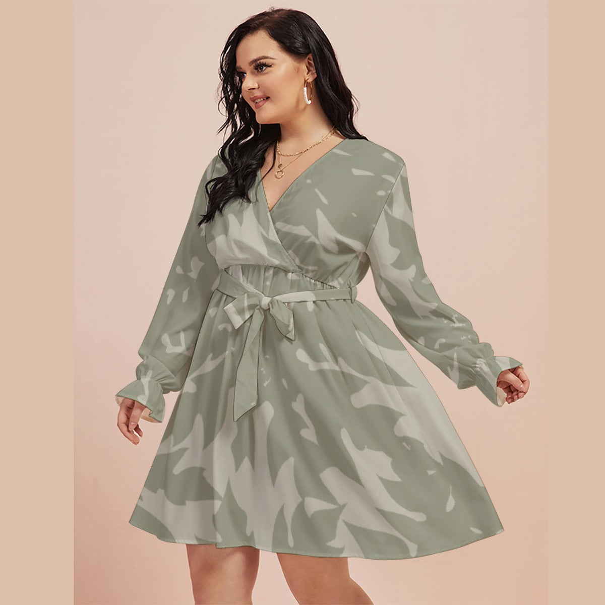 All-Over Print Women's V-neck Dress With Waistband(Plus Size)