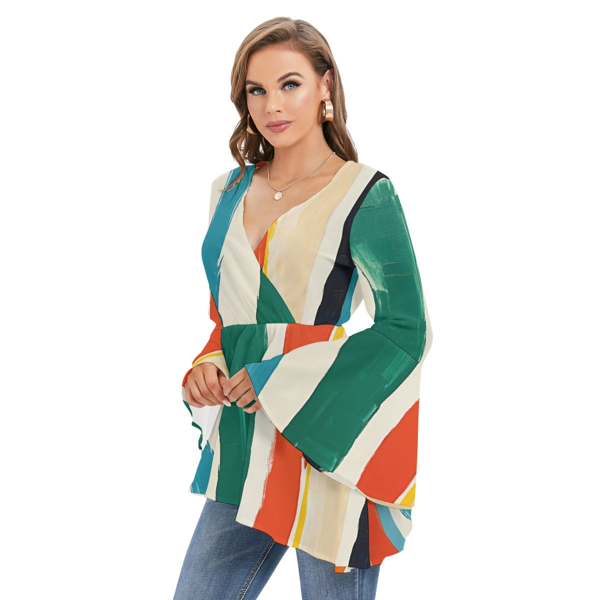 All-Over Print Women's V-neck Blouse With Flared Sleeves