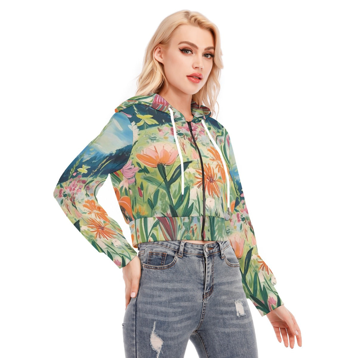 All-Over Print Women's Crop Top Hoodie With Zipper Closure