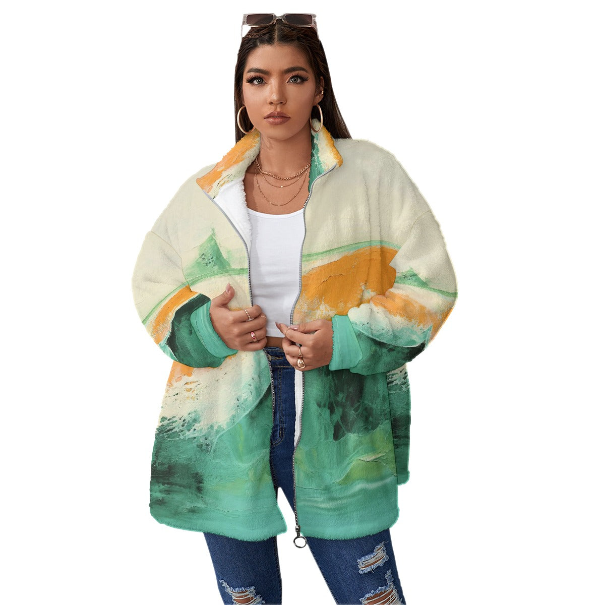 All-Over Print Unisex Borg Fleece Stand-up Collar Coat With Zipper Closure(Plus Size)