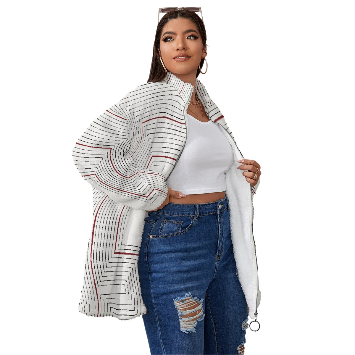 All-Over Print Unisex Borg Fleece Stand-up Collar Coat With Zipper Closure(Plus Size)