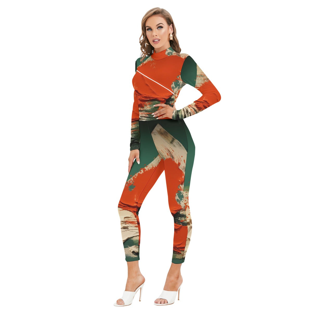 All-Over Print Women's Long-sleeved High-neck Jumpsuit With Zipper