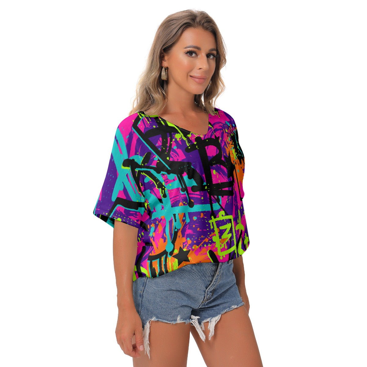 All-Over Print Women's Bat Sleeves V-Neck Blouse