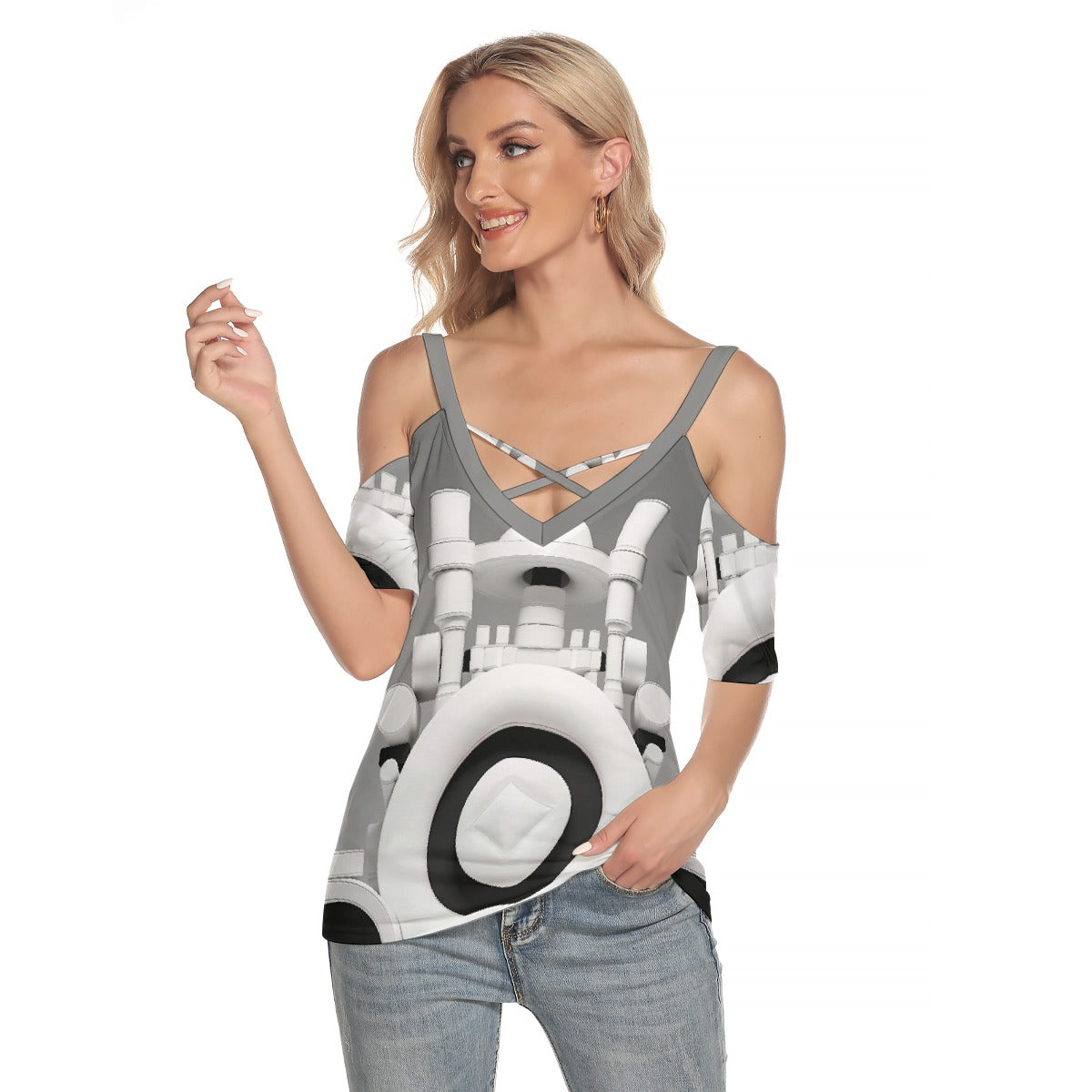 All-Over Print Women's Cold Shoulder T-shirt With Criss Cross Strips