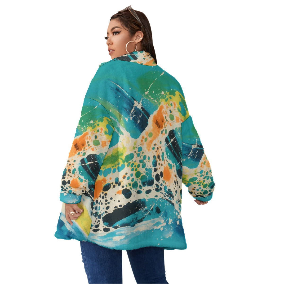 All-Over Print Unisex Borg Fleece Stand-up Collar Coat With Zipper Closure(Plus Size)