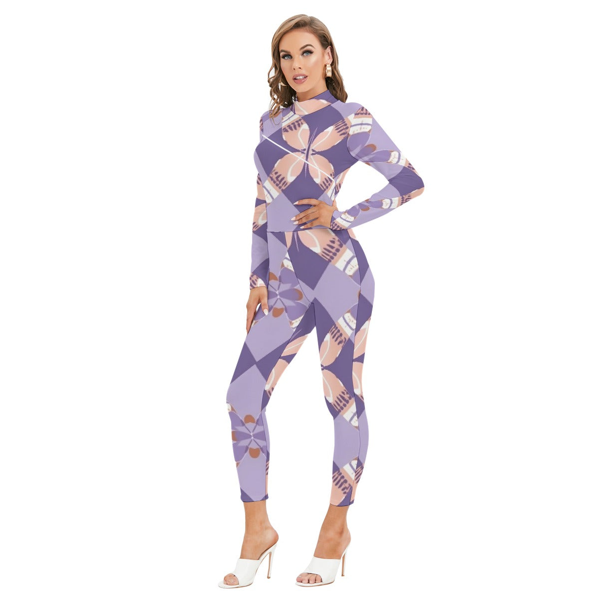 All-Over Print Women's Long-sleeved High-neck Jumpsuit With Zipper