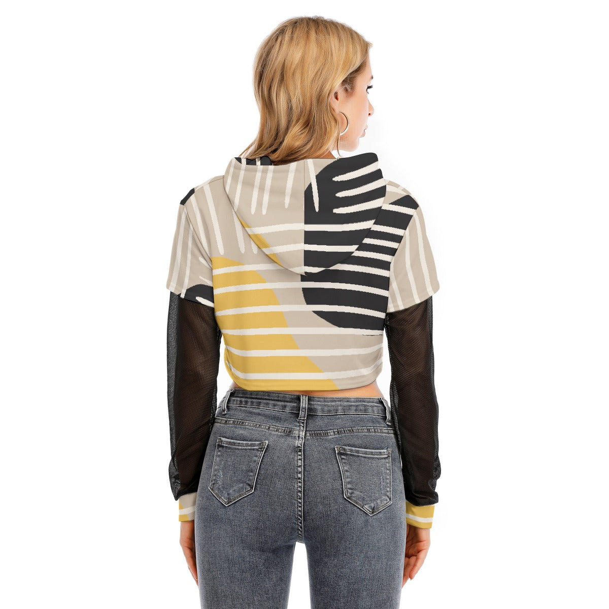 All-Over Print Women's Fake Two-piece Mesh Sleeve Cropped Hoodie
