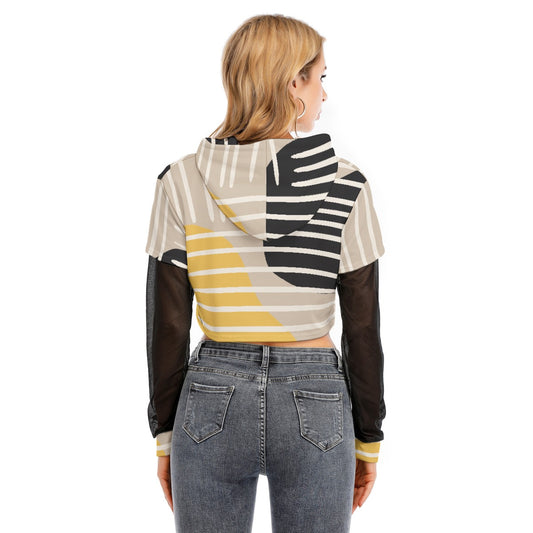 All-Over Print Women's Fake Two-piece Mesh Sleeve Cropped Hoodie