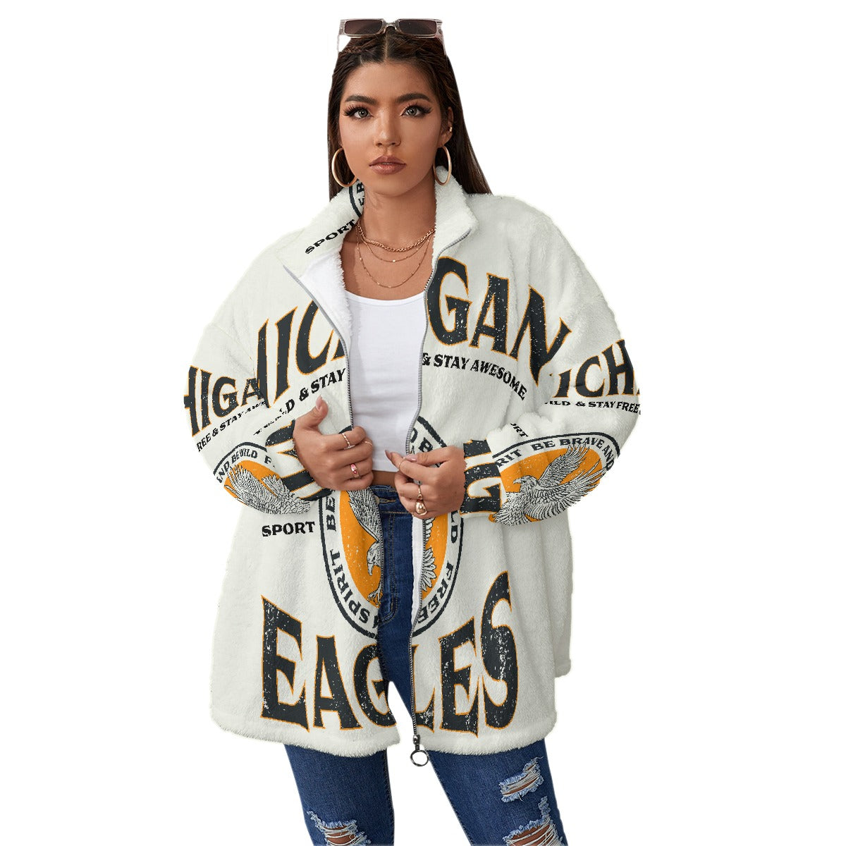 All-Over Print Unisex Borg Fleece Stand-up Collar Coat With Zipper Closure(Plus Size)