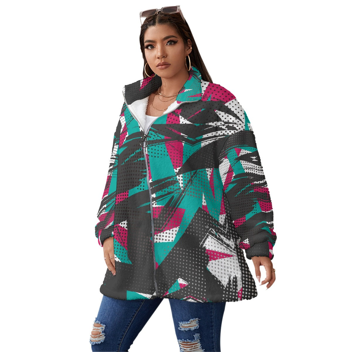 All-Over Print Unisex Borg Fleece Stand-up Collar Coat With Zipper Closure(Plus Size)