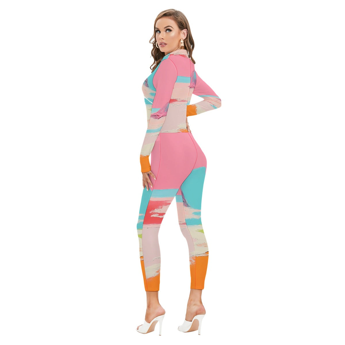 All-Over Print Women's Long-sleeved High-neck Jumpsuit With Zipper
