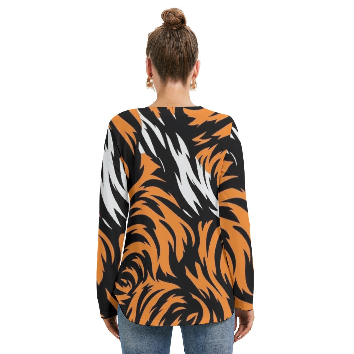 All-Over Print Women's Long Sleeve Neckline Tie Sweatshirt