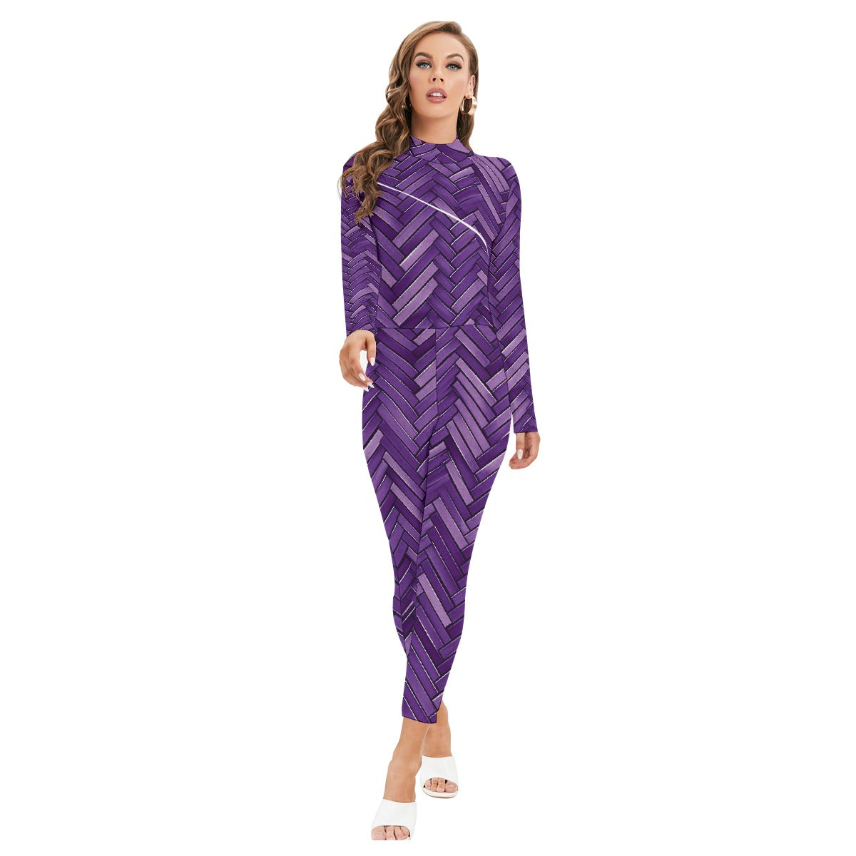 All-Over Print Women's Long-sleeved High-neck Jumpsuit With Zipper