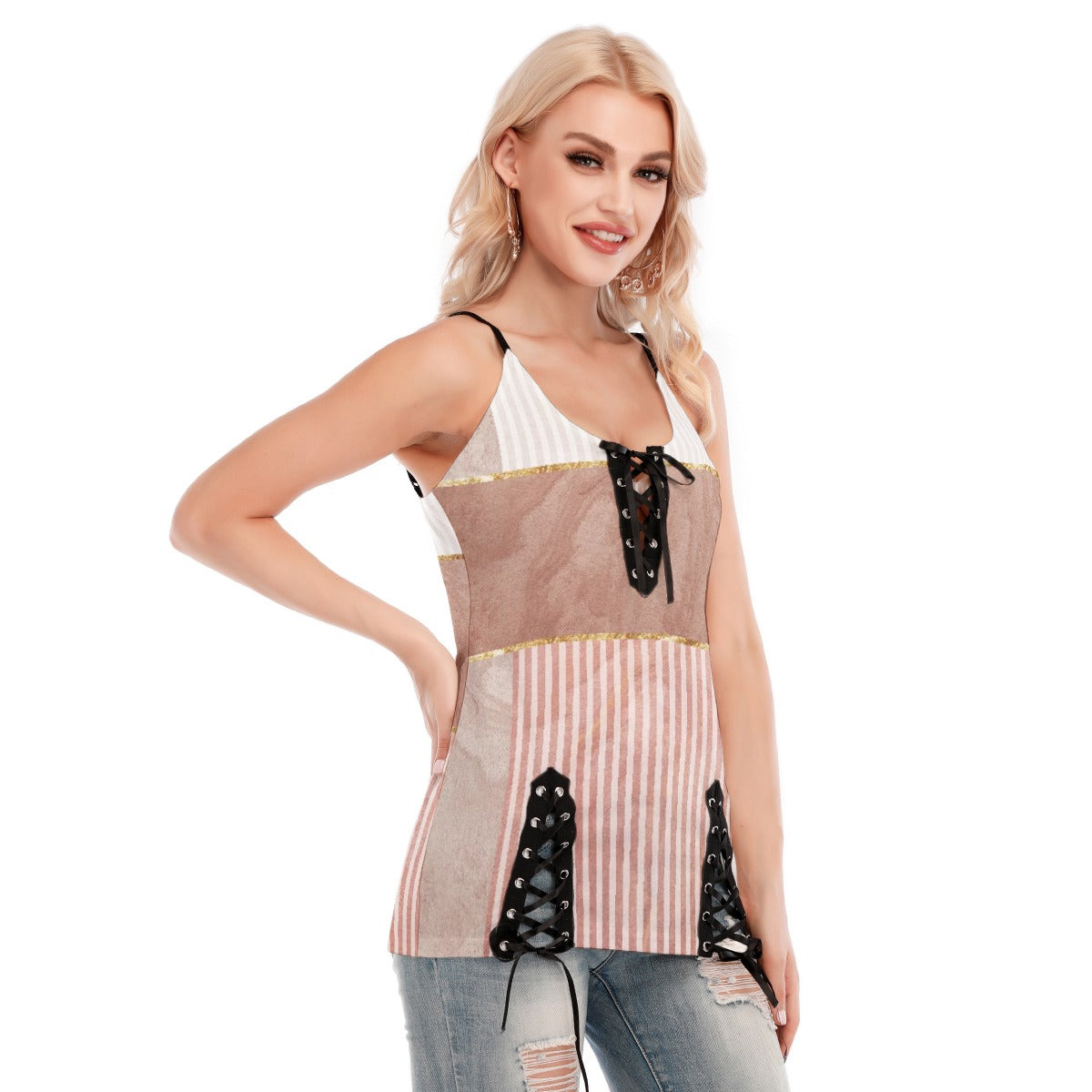 All-Over Print Women's V-neck Eyelet Lace-up Cami Dress