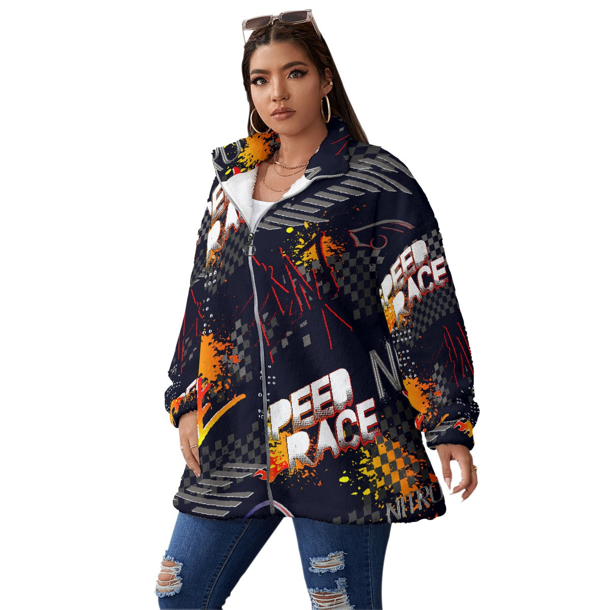 All-Over Print Unisex Borg Fleece Stand-up Collar Coat With Zipper Closure(Plus Size)