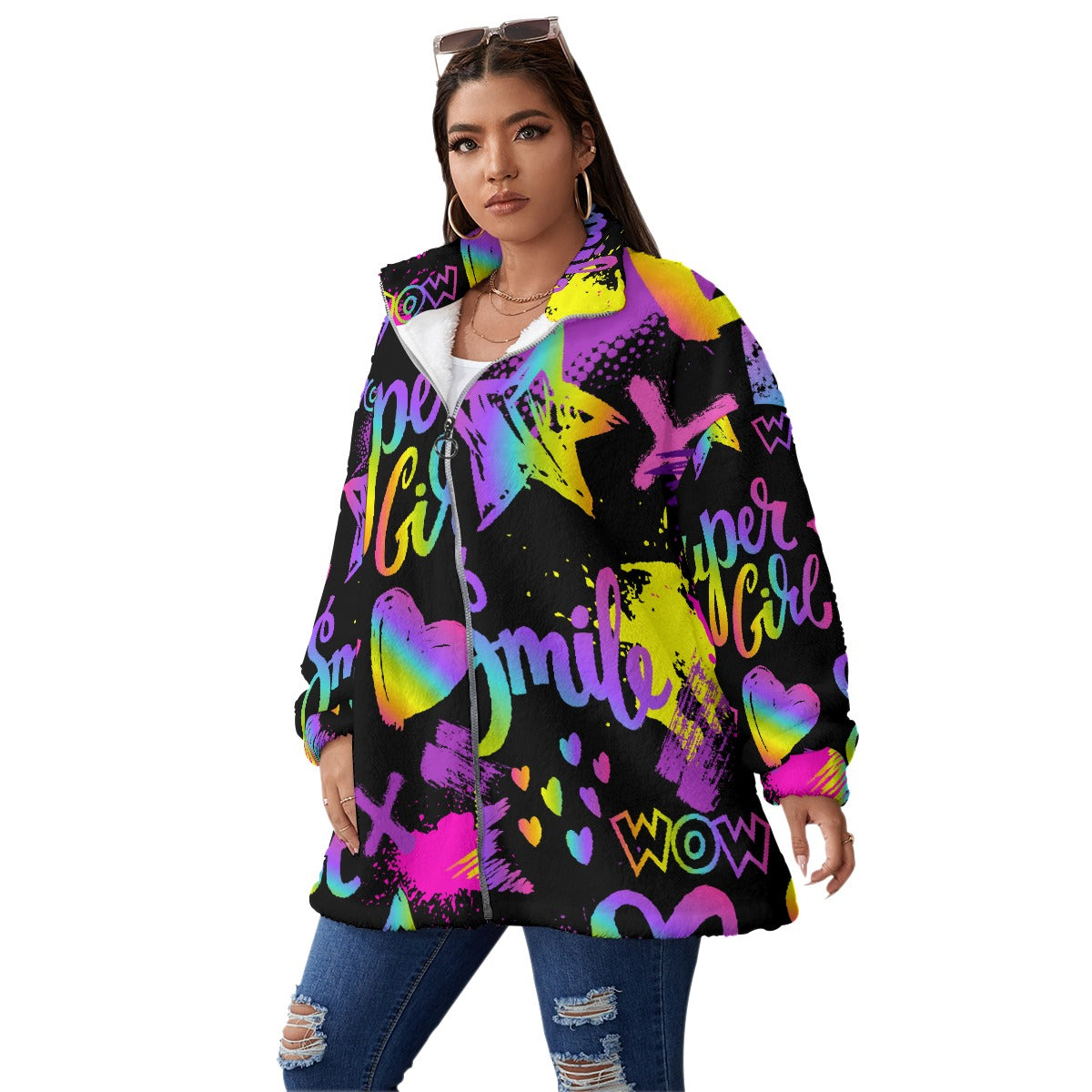All-Over Print Unisex Borg Fleece Stand-up Collar Coat With Zipper Closure(Plus Size)