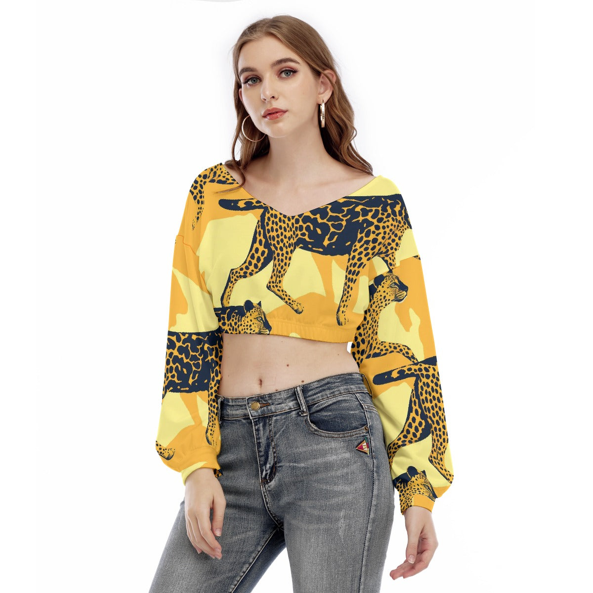 All-Over Print Women's V-neck Long Sleeve Cropped Sweatshirt