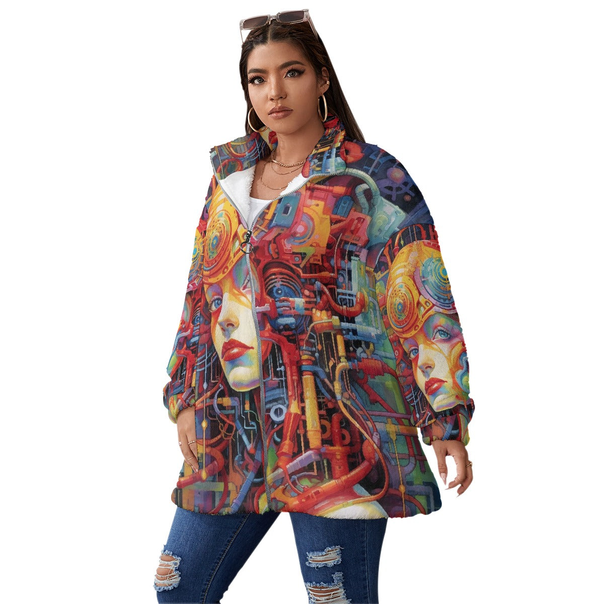 All-Over Print Unisex Borg Fleece Stand-up Collar Coat With Zipper Closure(Plus Size)