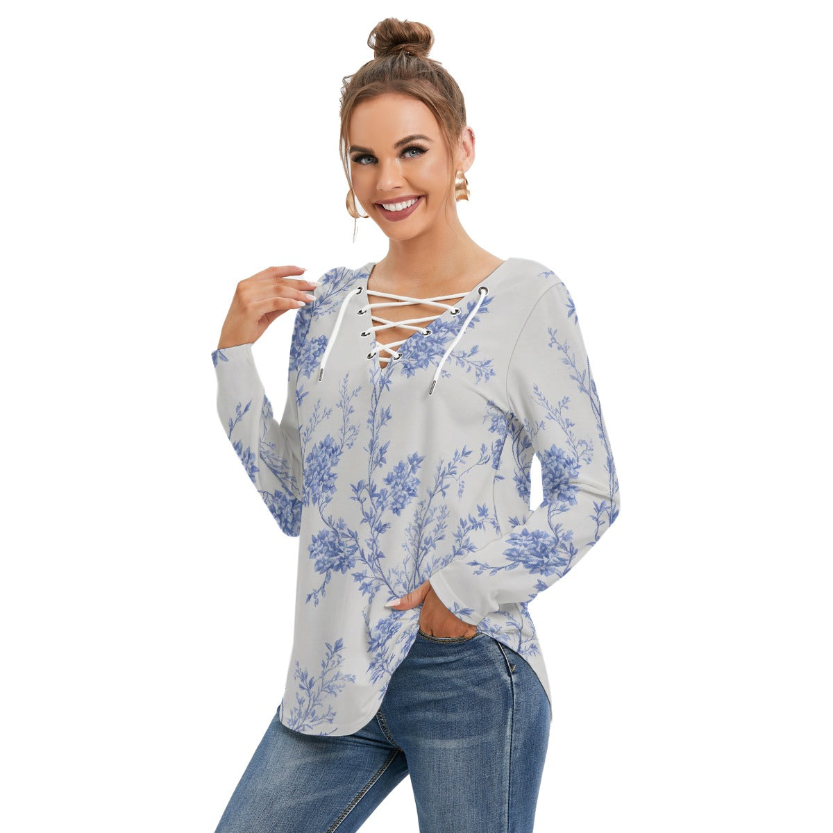 All-Over Print Women's Long Sleeve Neckline Tie Sweatshirt