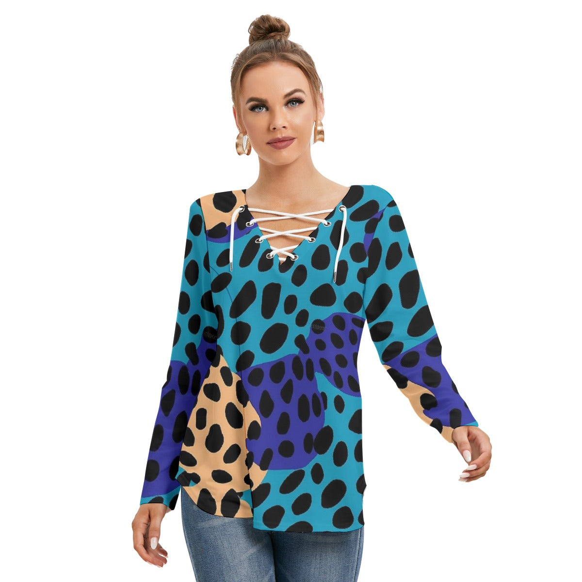 All-Over Print Women's Long Sleeve Neckline Tie Sweatshirt