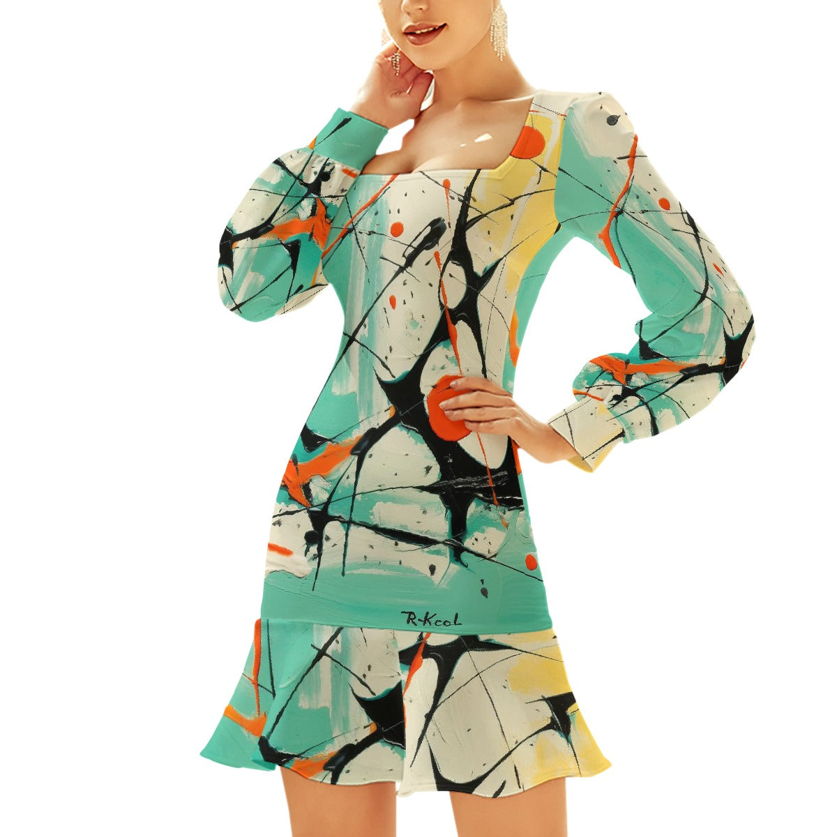 All-Over Print Women's Ruffle Hem Skinny Dress