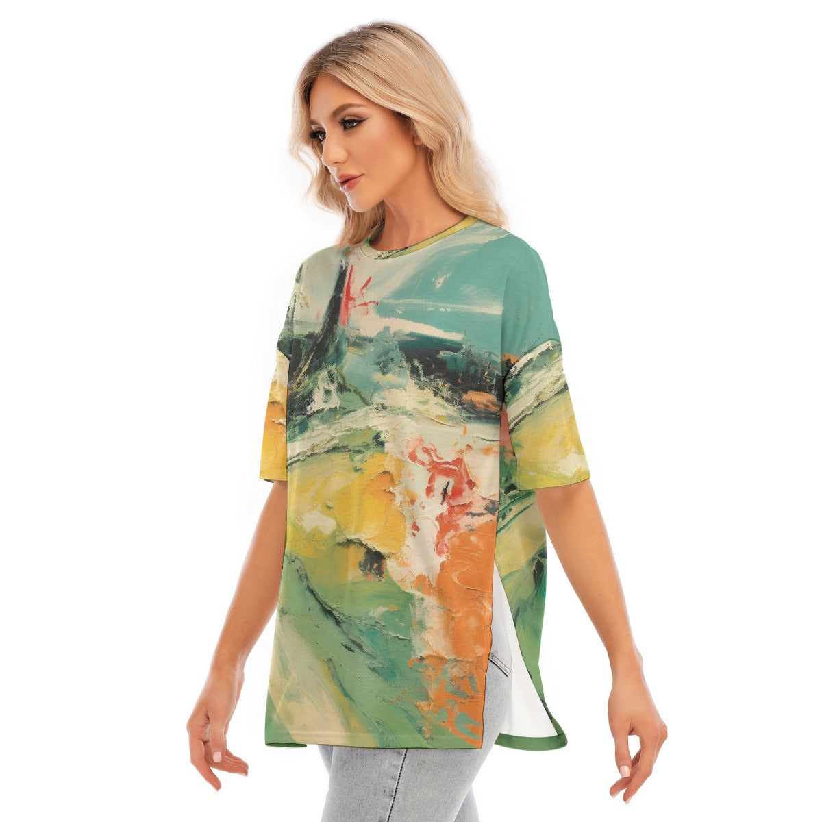 All-Over Print Women's Short Sleeves T-shirt With Hem Split