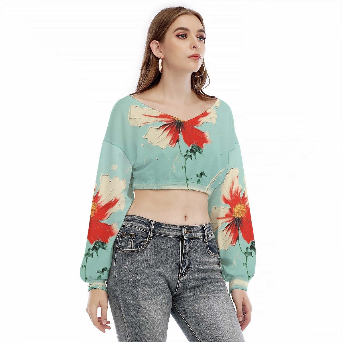 All-Over Print Women's V-neck Long Sleeve Cropped Sweatshirt