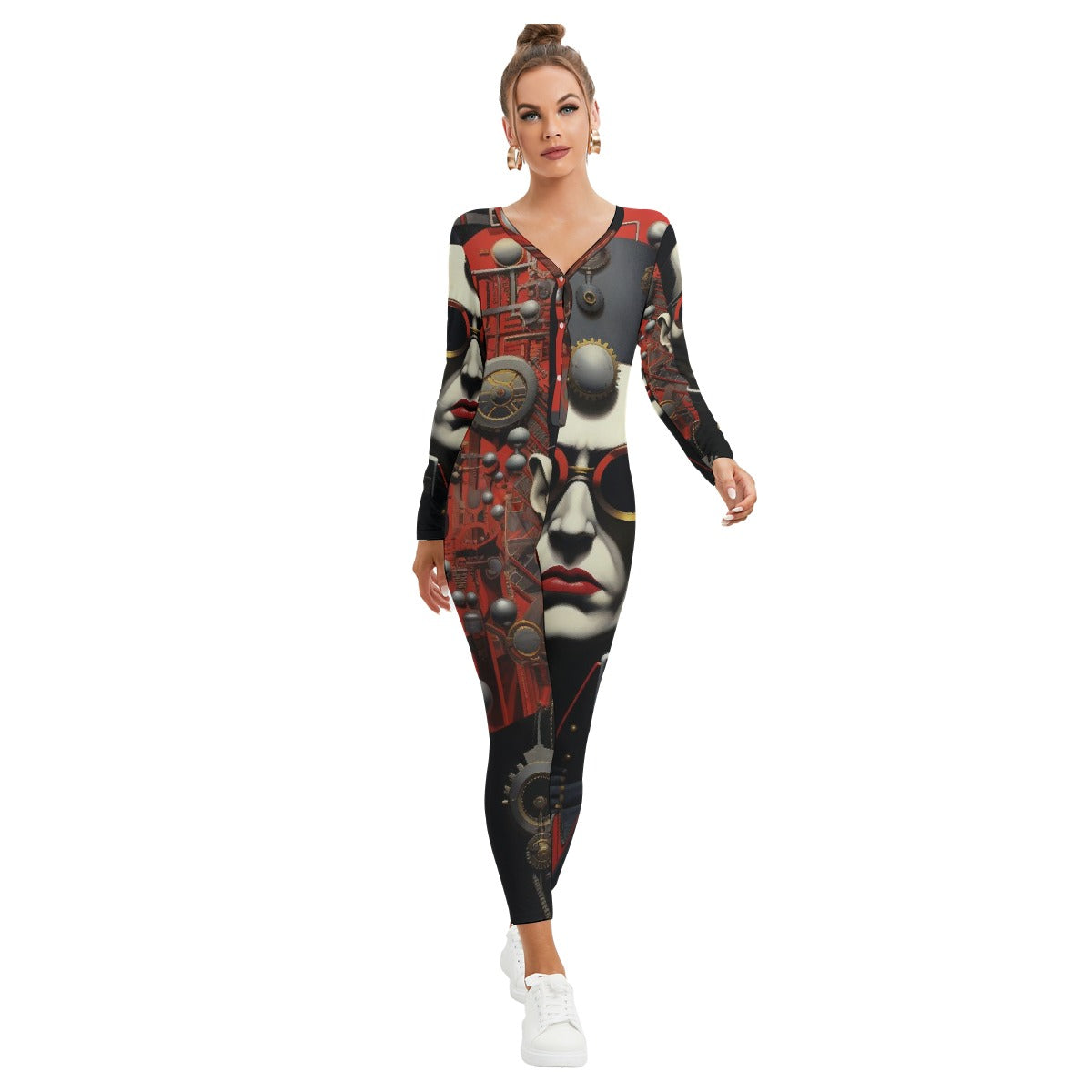 All-Over Print Women's Plunging Neck Jumpsuit