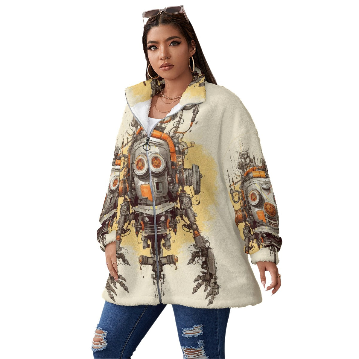 All-Over Print Unisex Borg Fleece Stand-up Collar Coat With Zipper Closure(Plus Size)