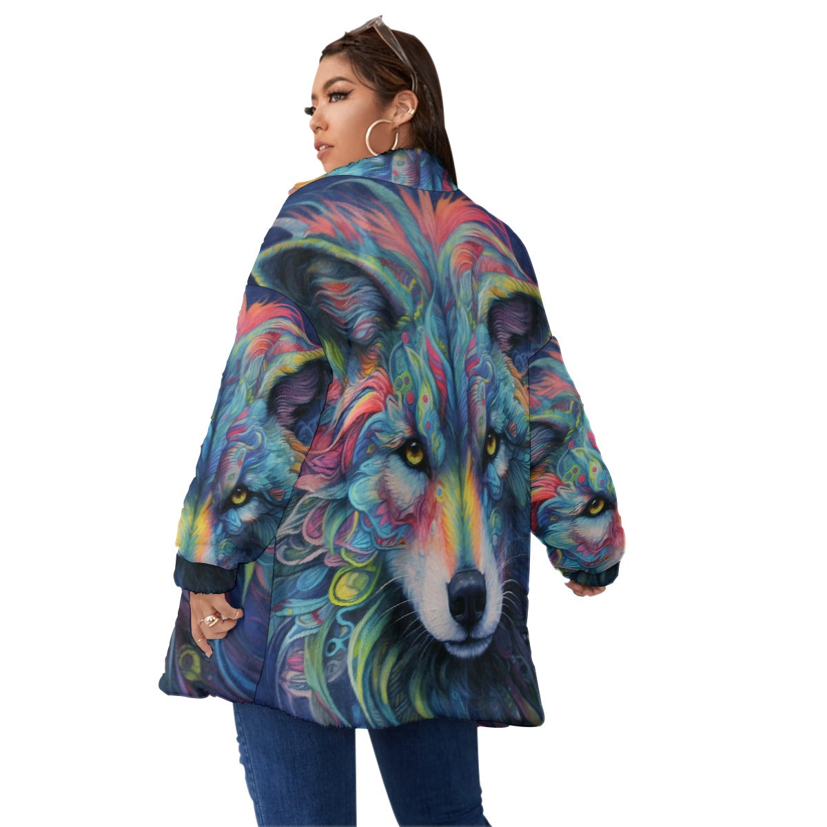 All-Over Print Unisex Borg Fleece Stand-up Collar Coat With Zipper Closure(Plus Size)