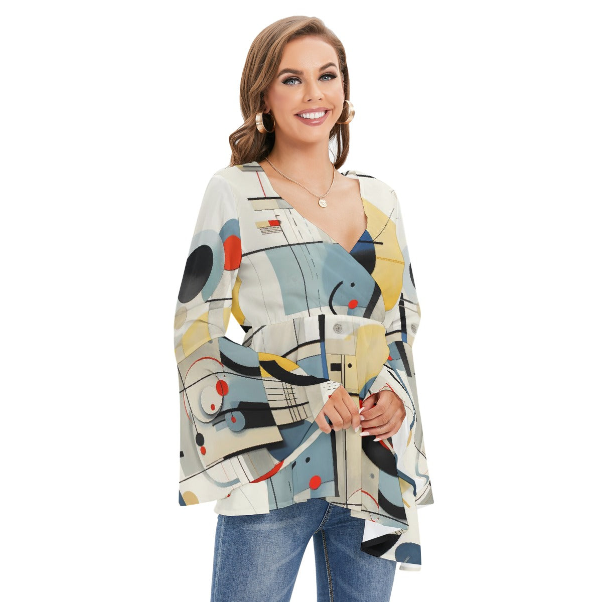 All-Over Print Women's V-neck Blouse With Flared Sleeves