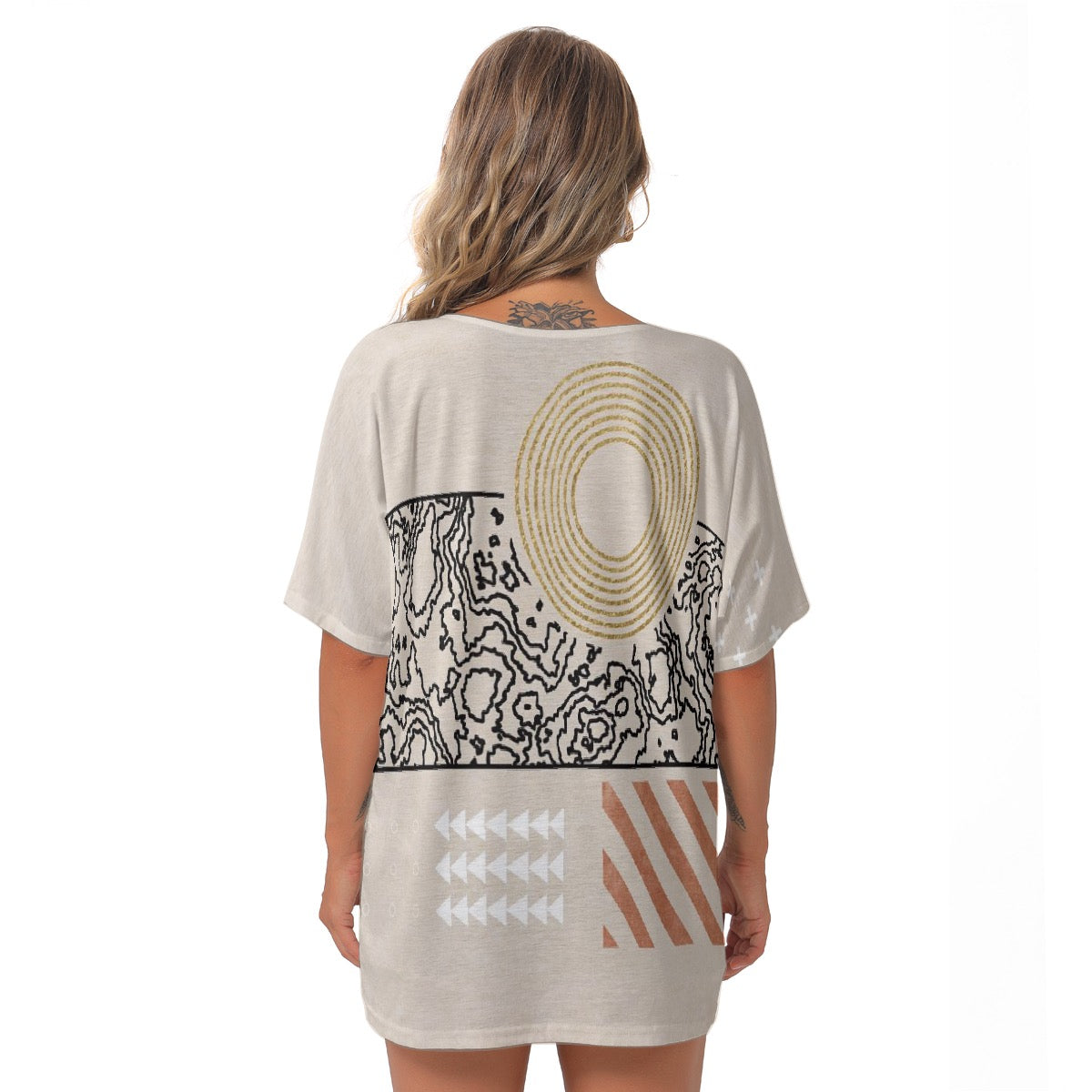 All-Over Print Women's Bat Sleeves V-Neck Blouse