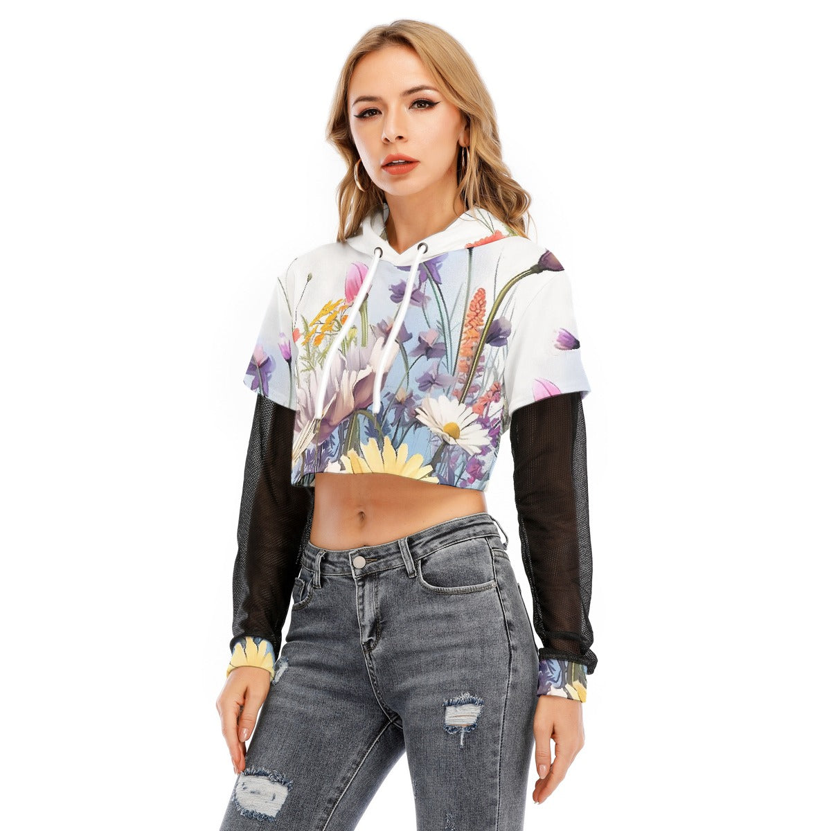 All-Over Print Women's Fake Two-piece Mesh Sleeve Cropped Hoodie