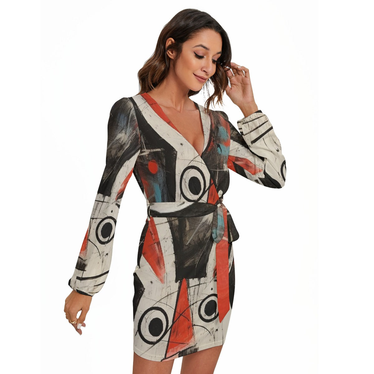 All-Over Print Women's Long Sleeve Dress With Waist Belt