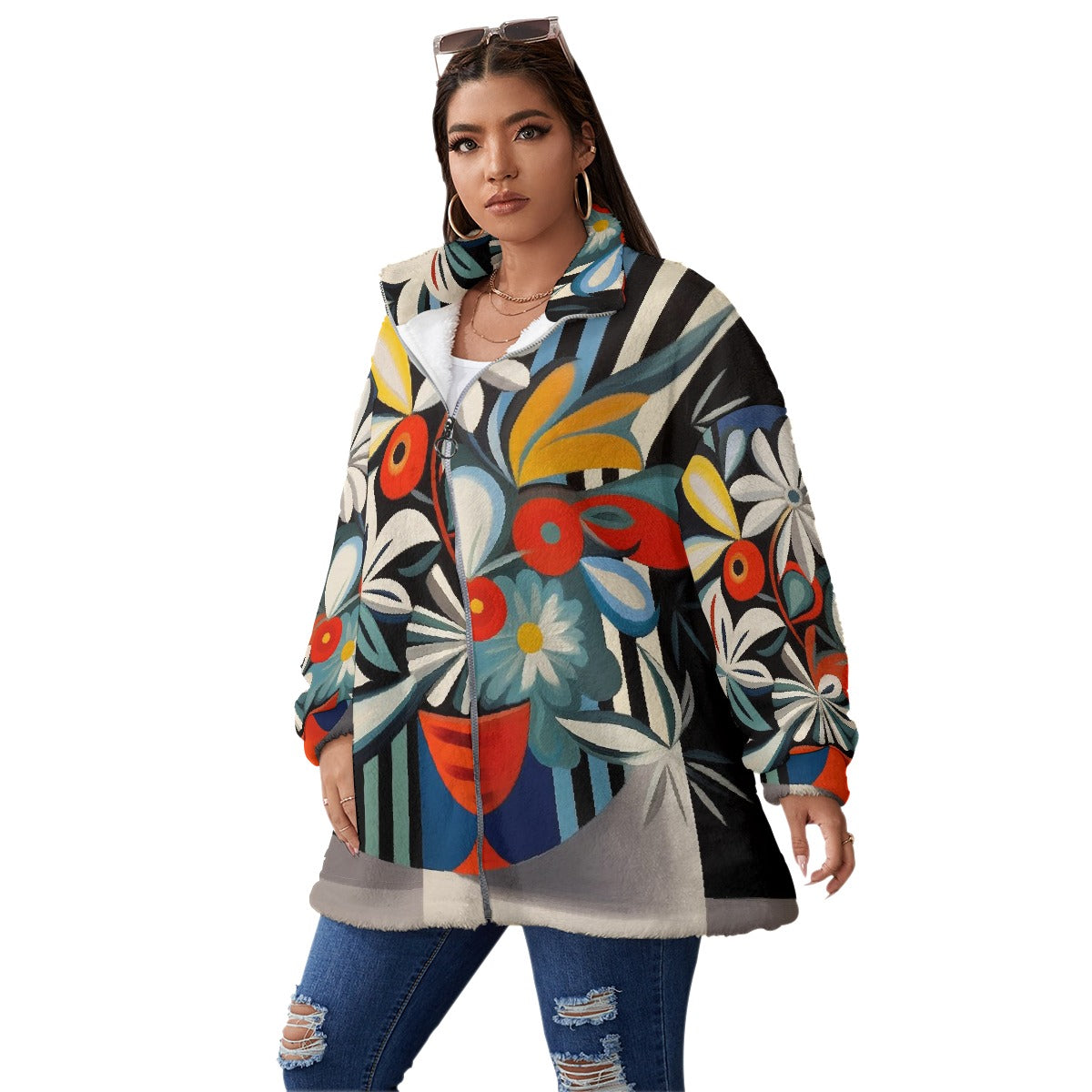 All-Over Print Unisex Borg Fleece Stand-up Collar Coat With Zipper Closure(Plus Size)