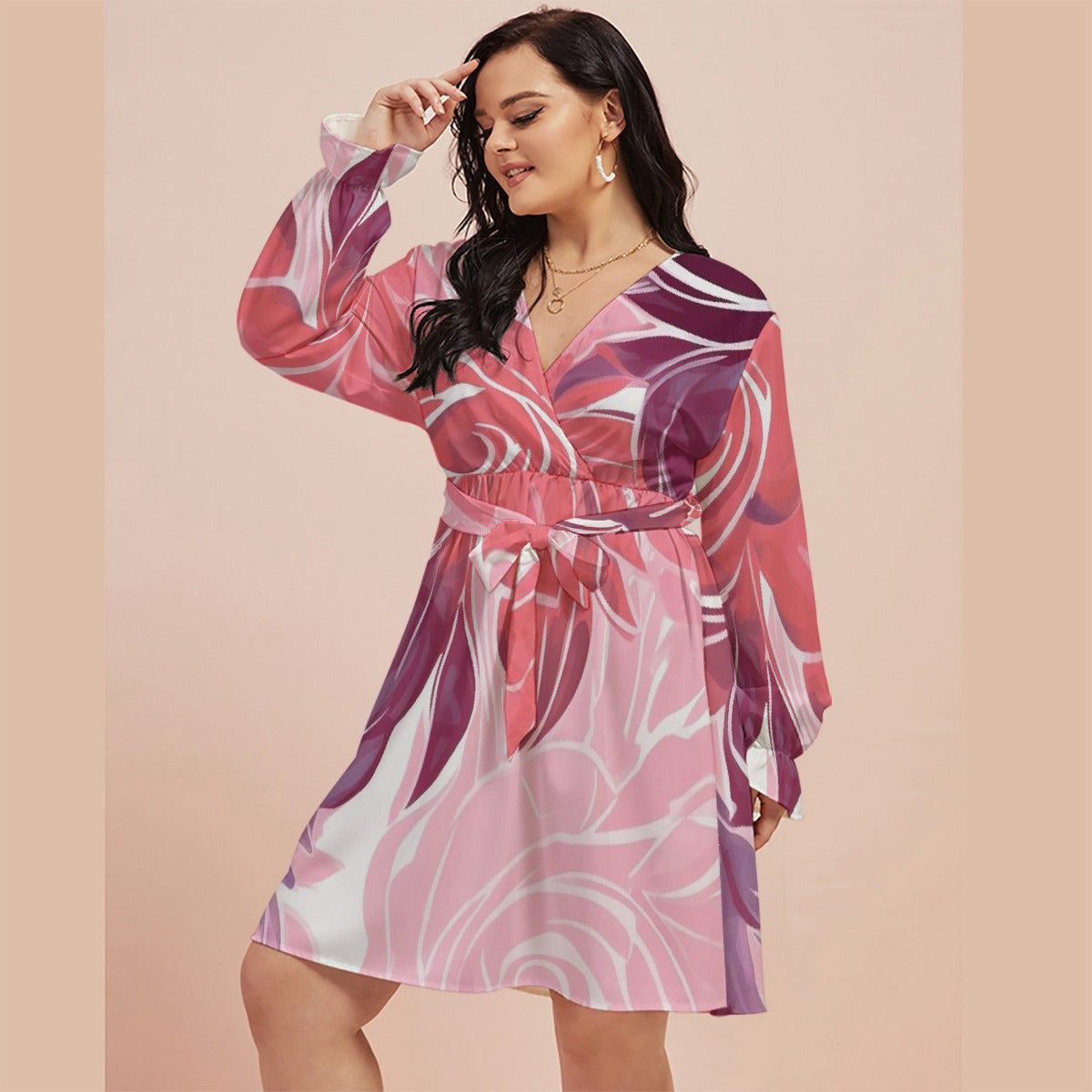 All-Over Print Women's V-neck Dress With Waistband(Plus Size)